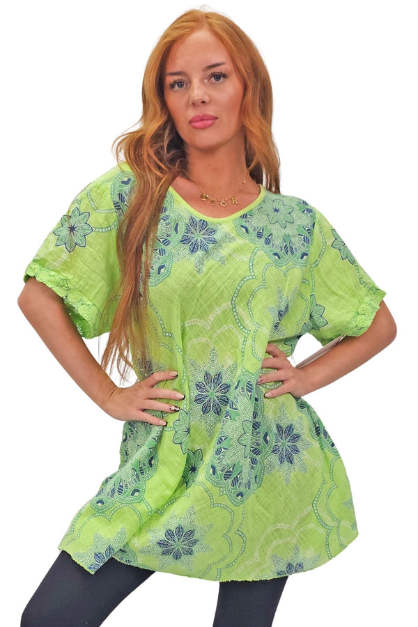 Intricate Floral Geometric Pattern Lace Detail Cotton Top