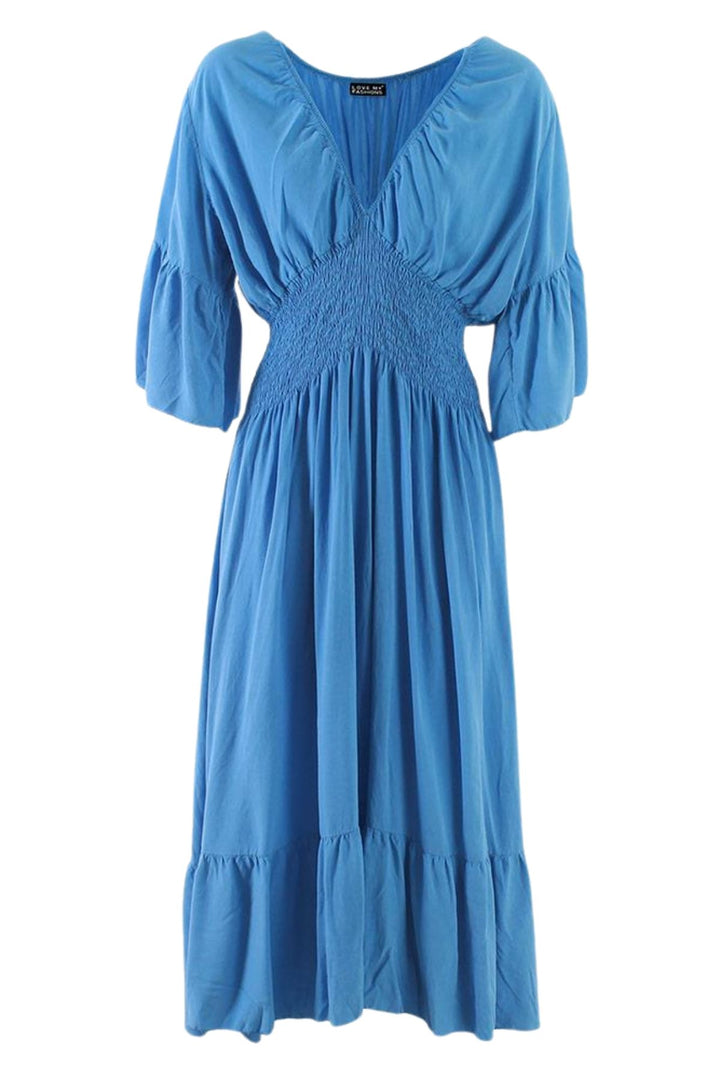 Plain Shirred Waist Flared Sleeves Maxi Dress