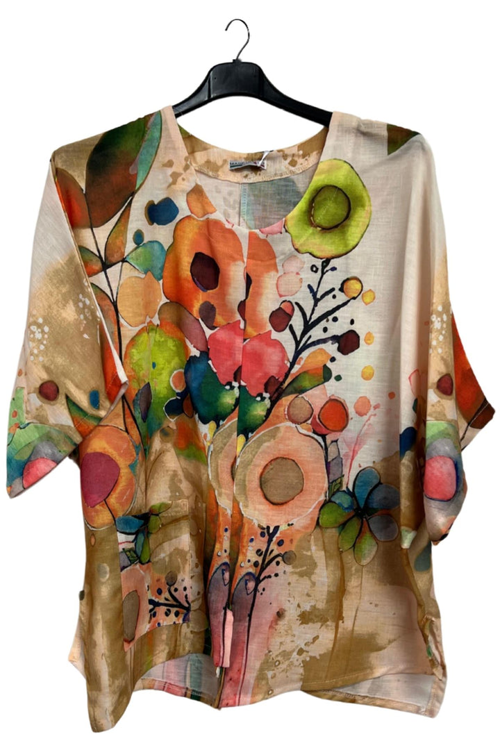 Abstract Watercolour-Style Print Asymmetrical Hemline Cotton Top