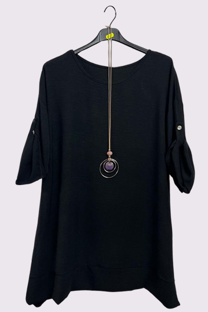  Black Plain Textured Button Up Seleeves Top