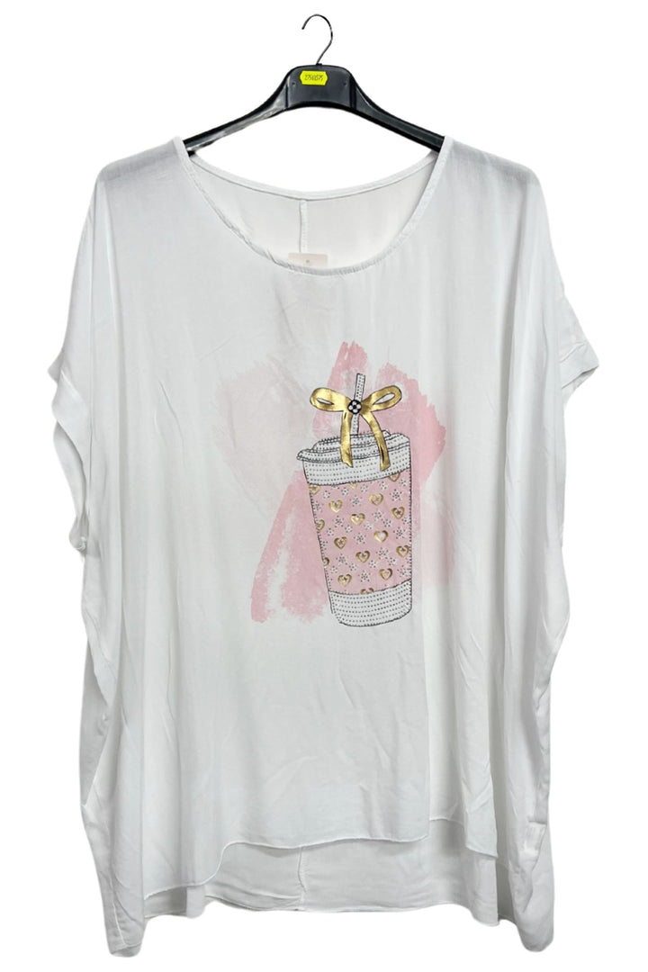 Splash Drink Glass Print Asymmetrical Hemline T-Shirt