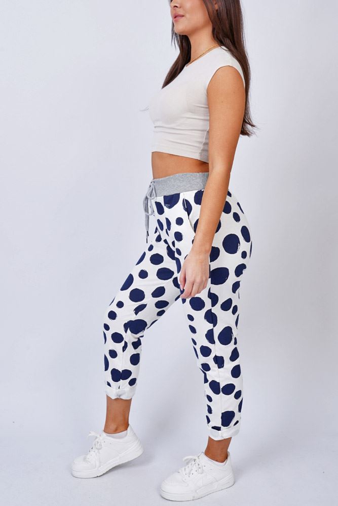 Polka Dot Print Pockets Cotton Trousers