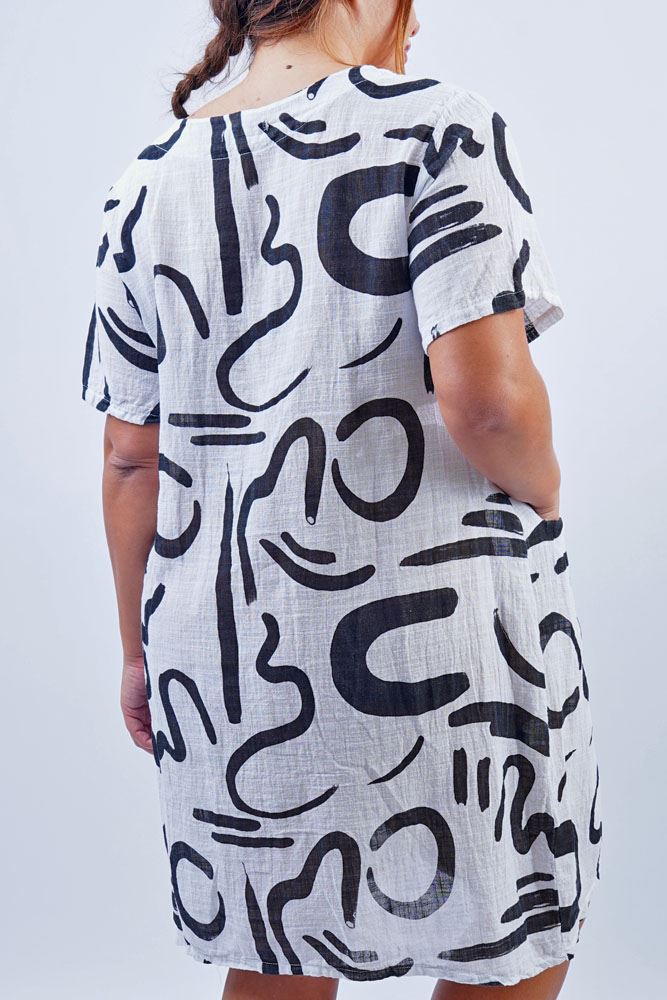Abstract Line Print Pockets Cotton Dress