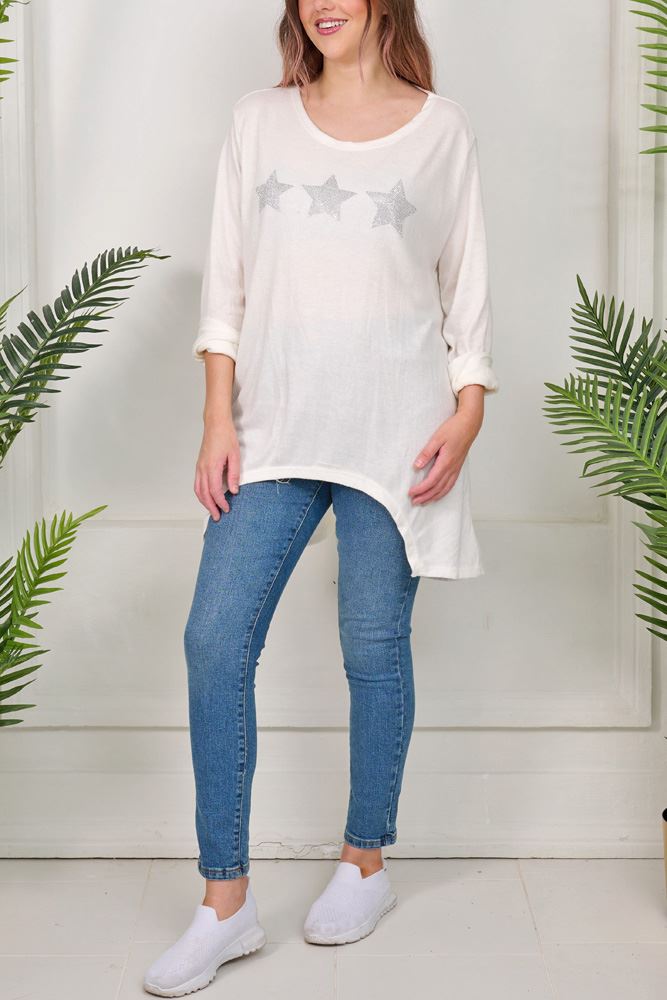 Diamante Star Motif Cutout Hem Viscose Top