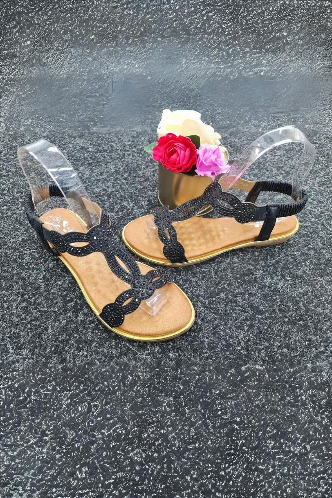 Diamante Open Toe Elastic Strap Flat Sandal