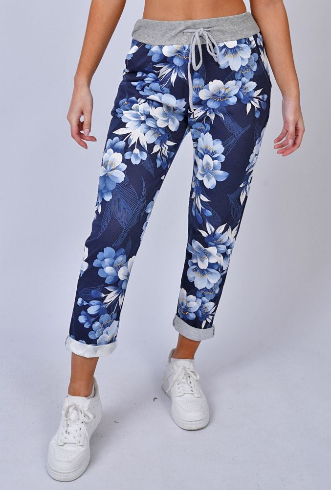 Floral Feather Print Pockets Cotton Trousers