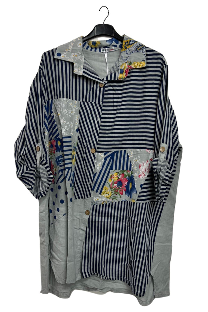 Vertical Stripes Polka Dot Print Full Front Buttons Linen Shirt