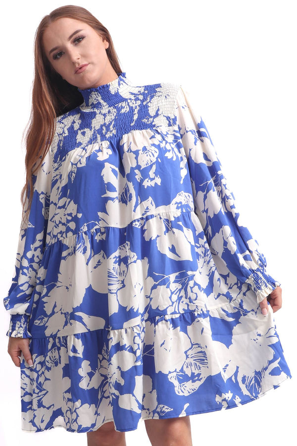 Abstract Leaf Print Shirred Neck Dress