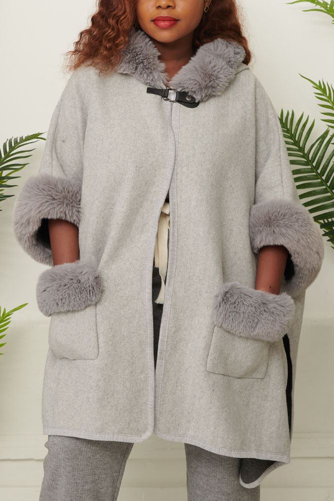 Plain Faux Fur Trim Pocket Poncho