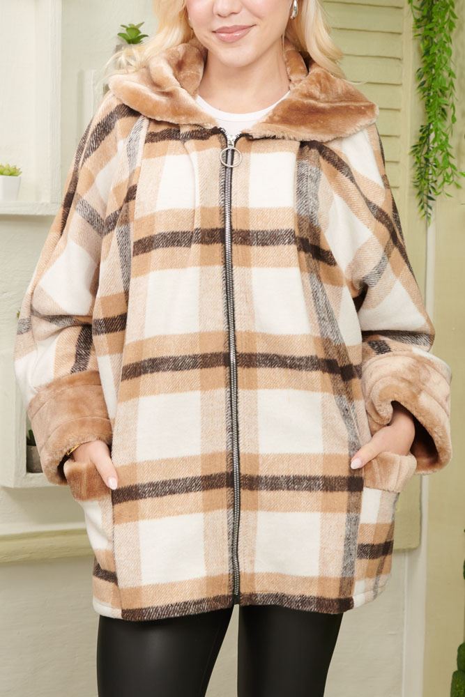Check Print Faux Fur Zip Up Knit Jacket