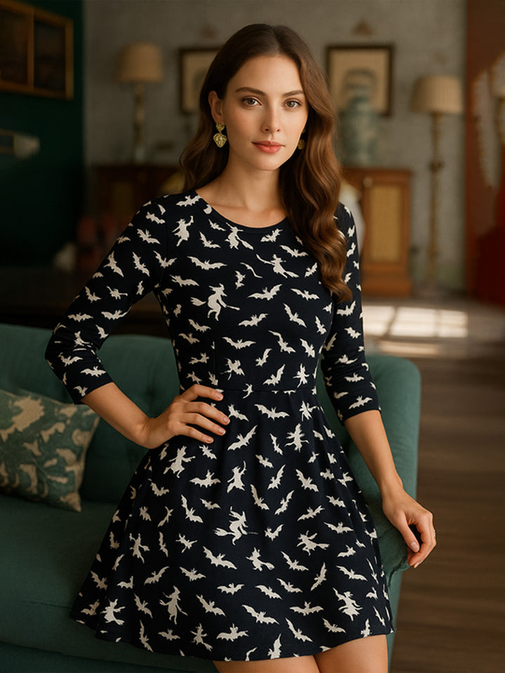 Witch And Bat Print Halloween Dress