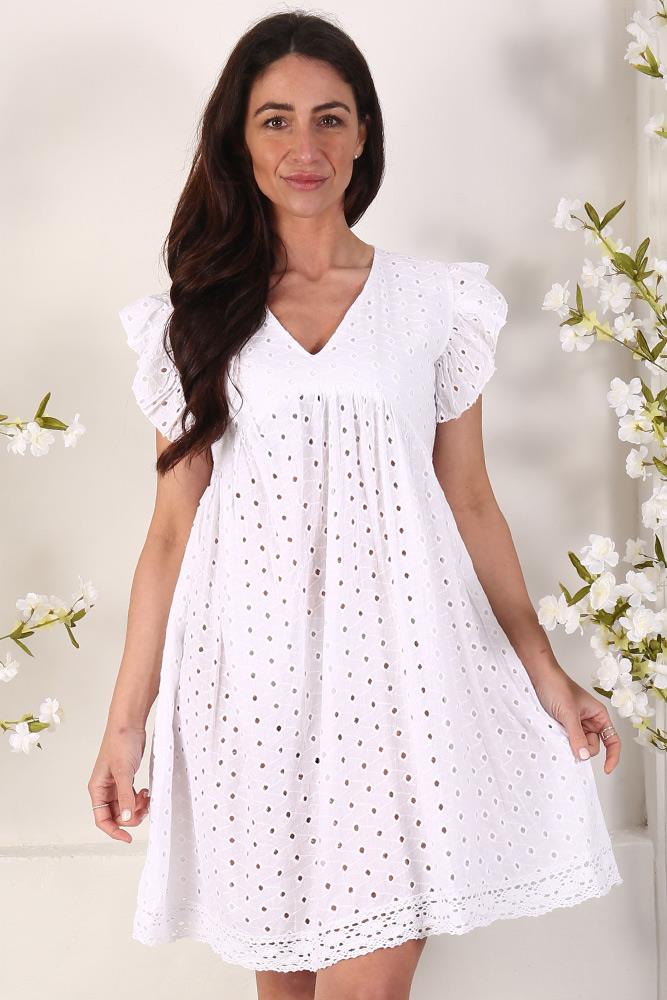 Cutwork Frill Sleeve Cotton Dress