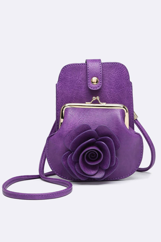 Side Rose purse button opening cross body bag