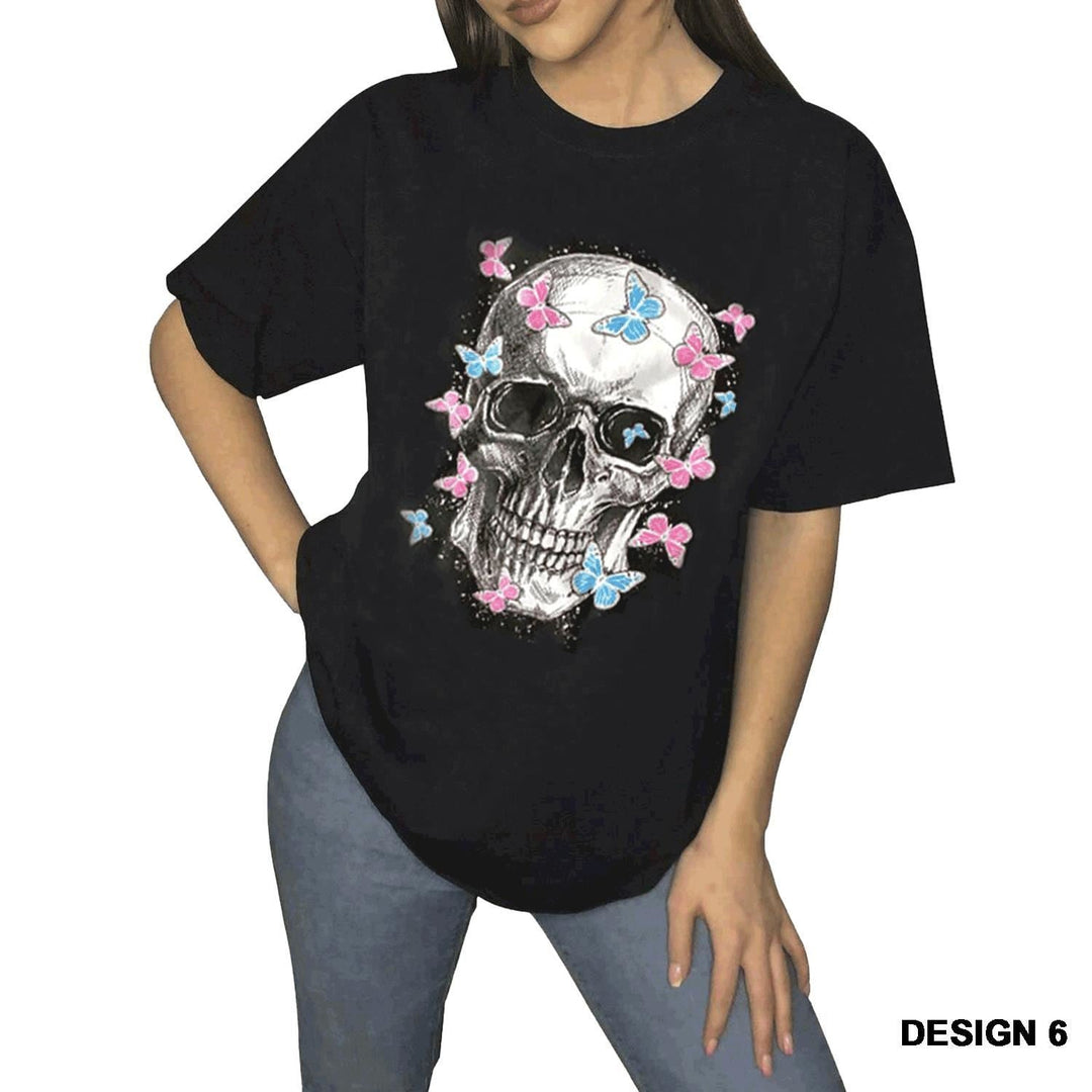 Skull with Butterfly Print Oversized T-Shirt