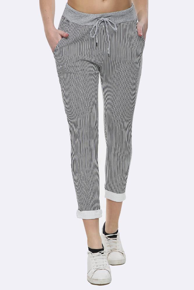 Cotton Stripe Print Foldover Hem Lined Trouser