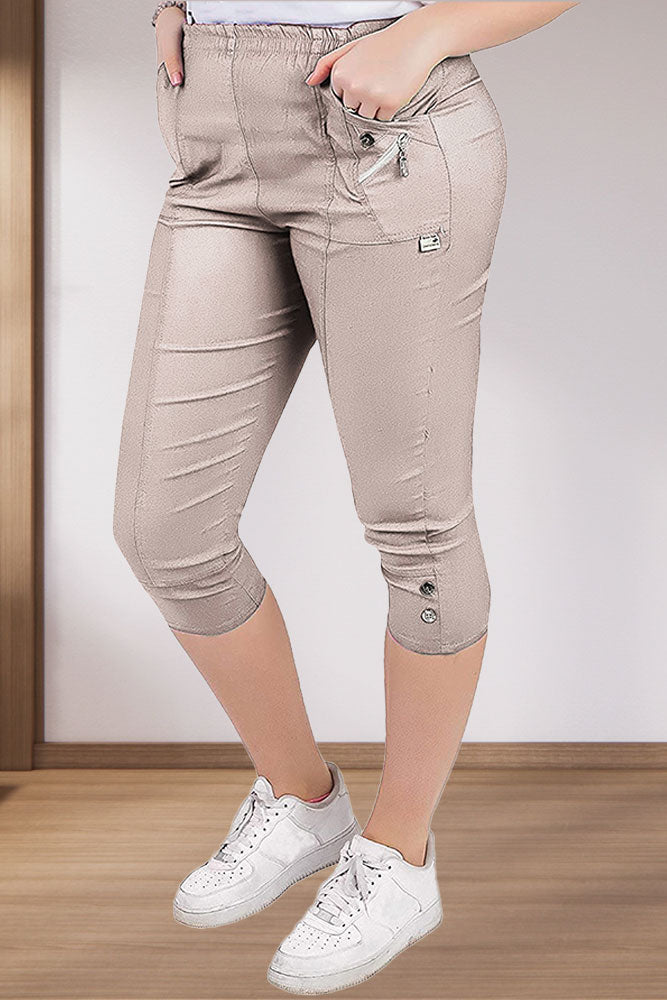 Ladies Cotton Two Button Zipped Cropped Trousers