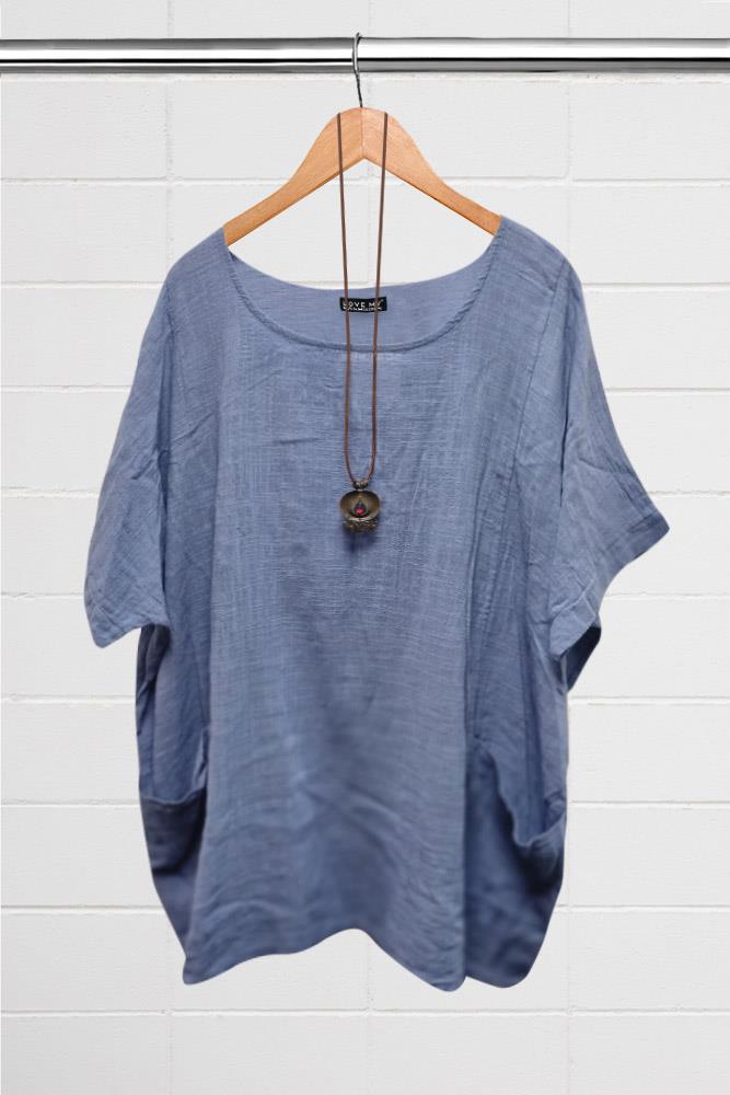 Textured Cotton Front Pocket Necklace Top