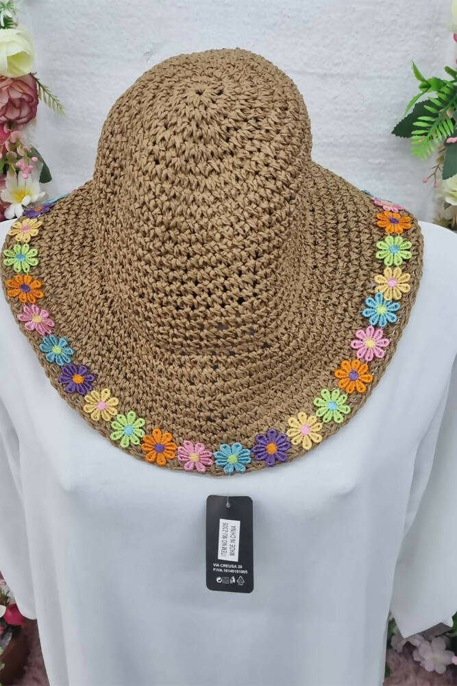 Multi Flower Lace Border Jute Basket Hat