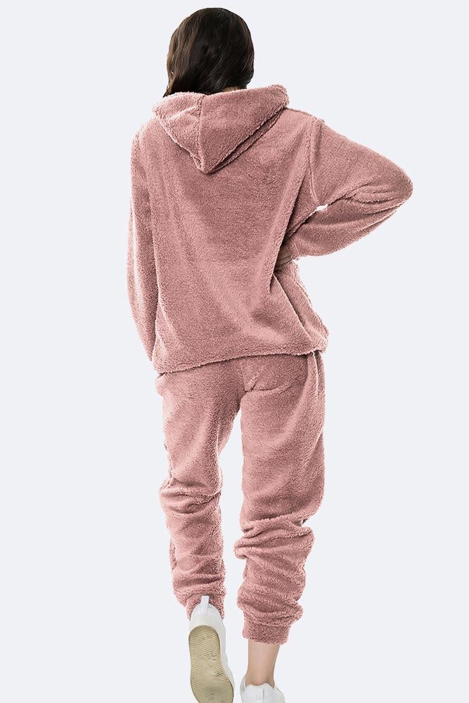 Italian Hooded Plain Fluffy Loungewear Set
