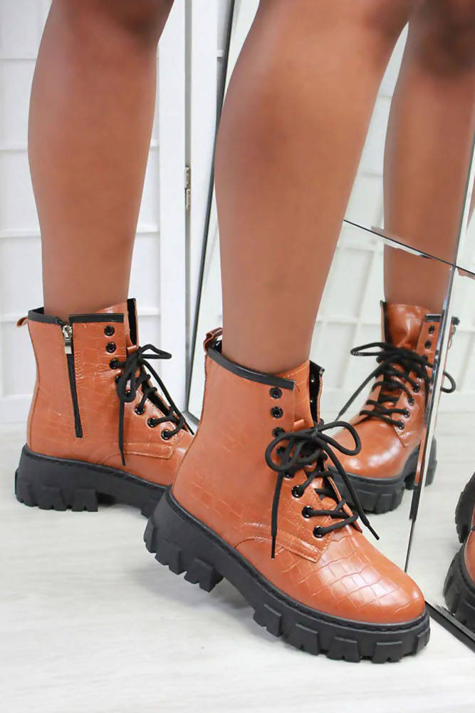 Chunky Faux Croc Laced Boots