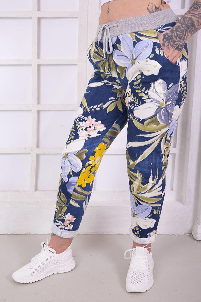 Cotton Tropical Floral Print Drawstring Trousers