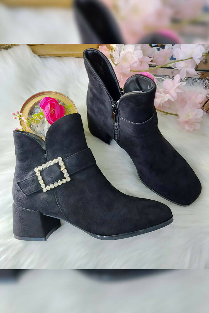 Suede Ankle Buckle Zip Heel Boots