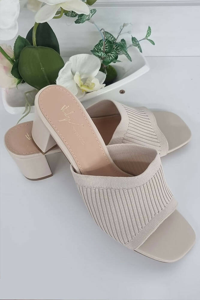 Ribbed Knit Strap Block Heel Mules
