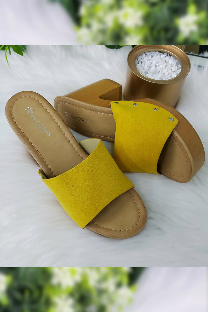 Plain Suede Strap Wood Look Block Heels