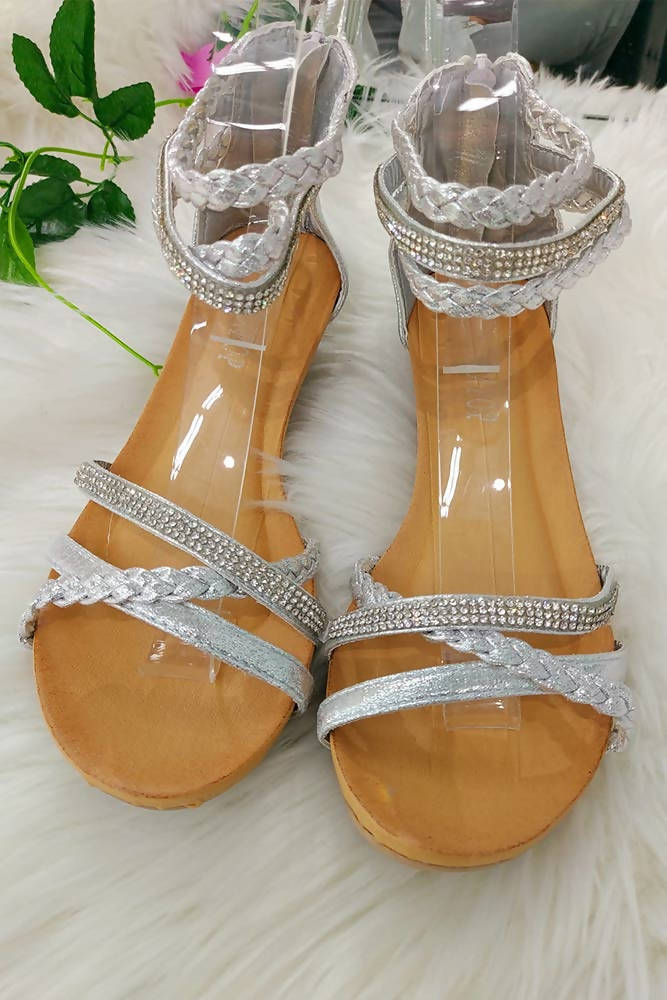 Wedge Heel Ankle Diamante Plait Straps Sandal