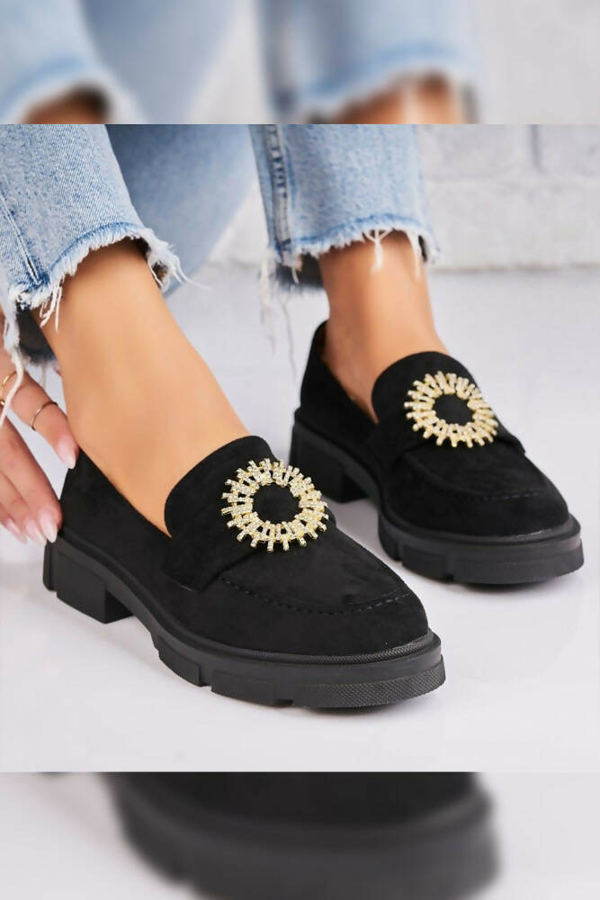 Diamante Round Buckle Suede Chunky Loafers Shoes
