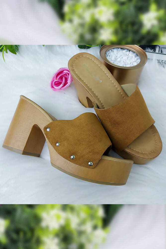 Plain Suede Strap Wood Look Block Heels