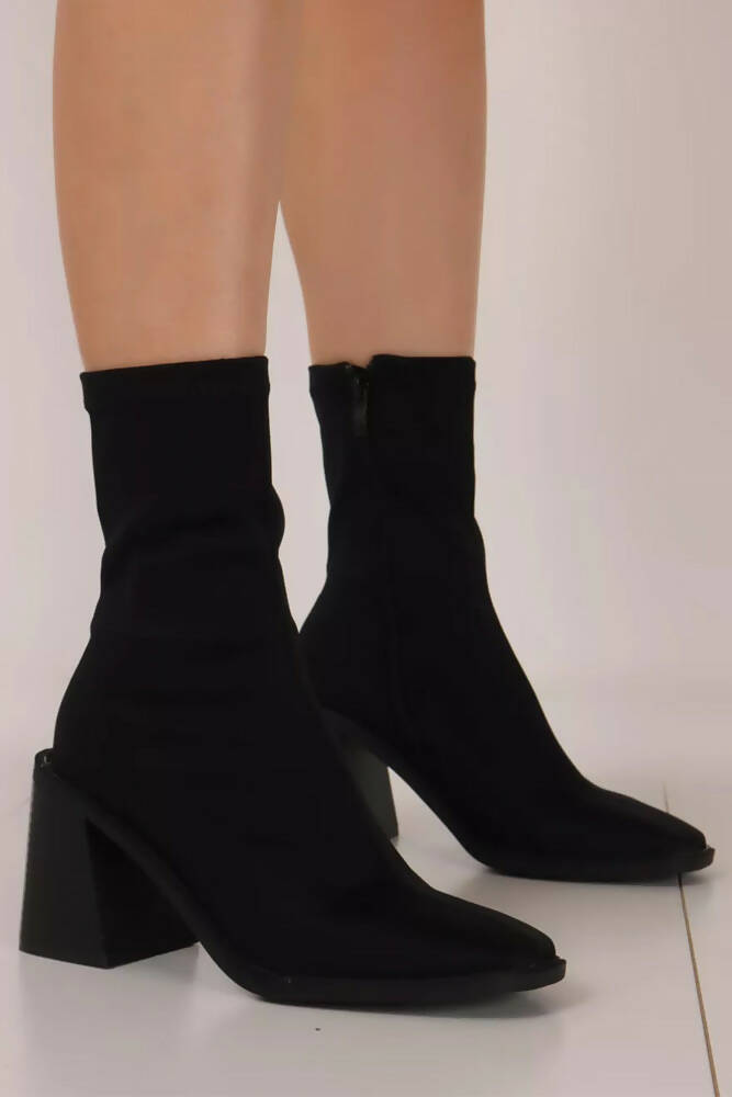 Faux Suede Chunky Heeled Sock Ankle Boots