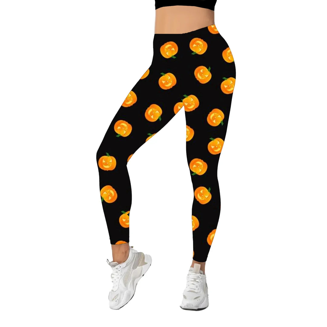 A girl standing show front side of Halloween Face Pumpkins Print Legging with white background 