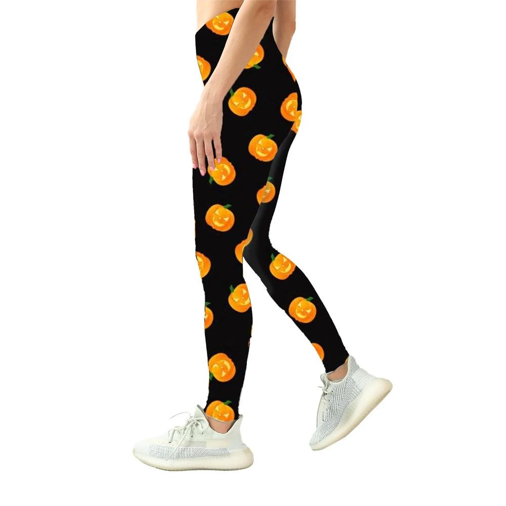A girl standing show left side of Halloween Face Pumpkins Print Legging with white background