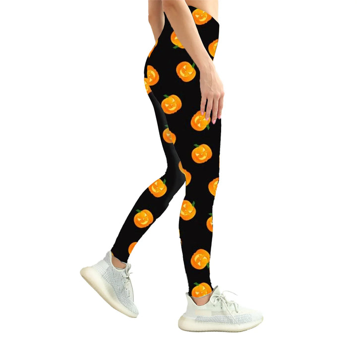 A girl standing show right side of Halloween Face Pumpkins Print Legging with white background
