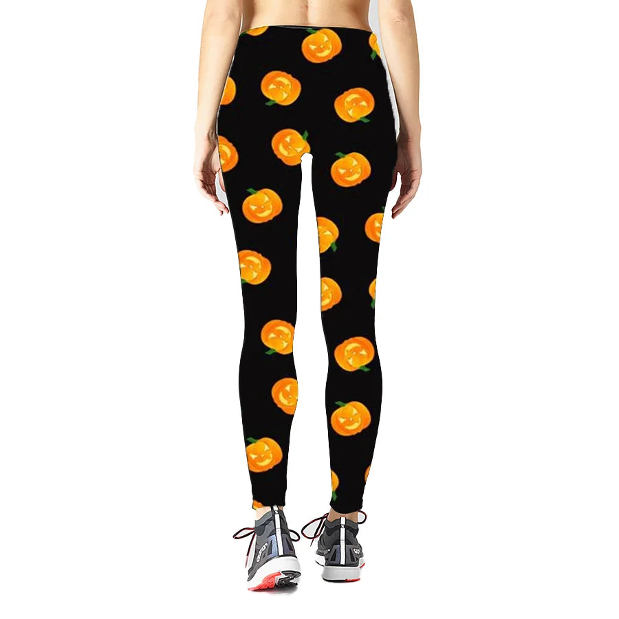 A girl standing show back side of Halloween Face Pumpkins Print Legging with white background