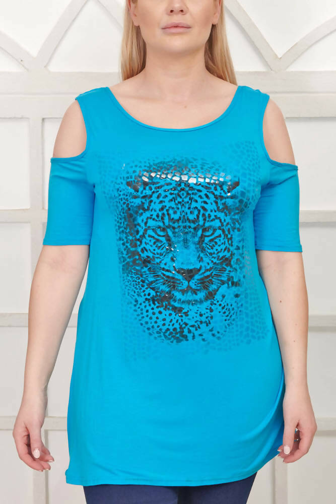 Leopard Print Cut Out Shoulder Viscose Top