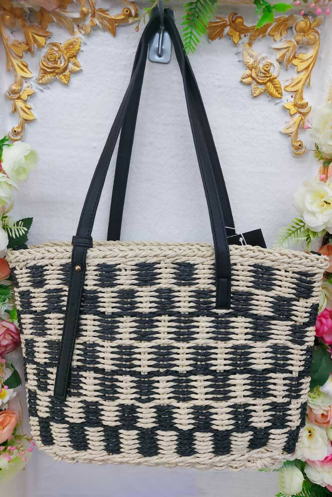 Tartan Jute Crochet Tote Handle Crossbody Bag