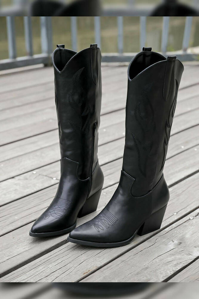 Pointed Toe PU Look Embroidered High Cowboy Boots