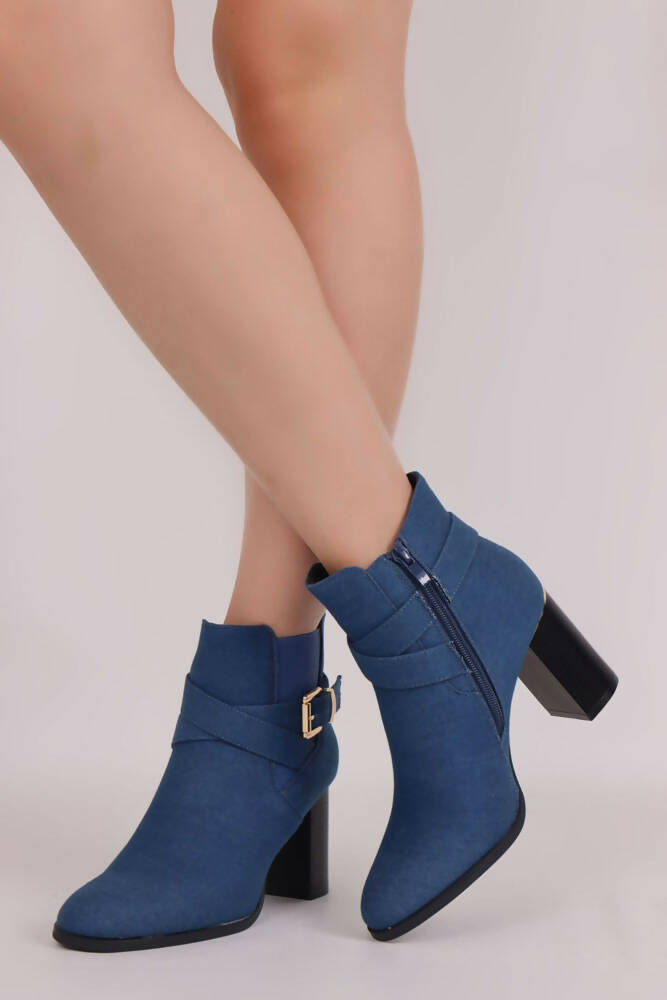 Suede Ankle Buckle Pull On Heel Boots