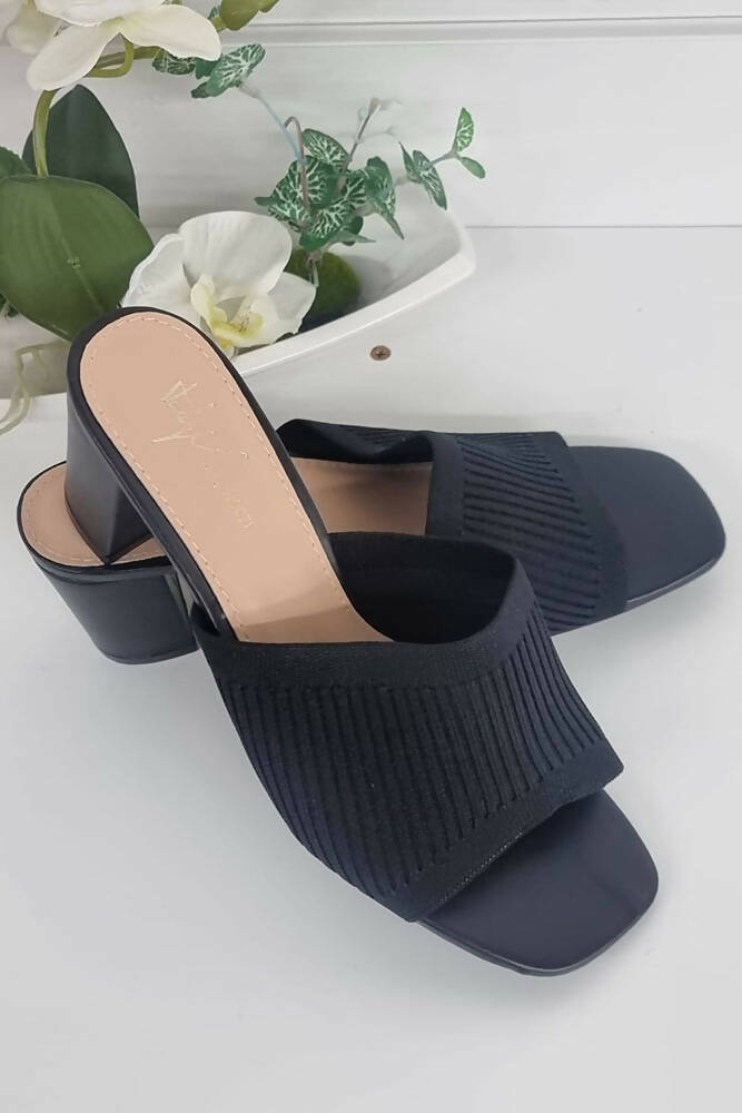 Ribbed Knit Strap Block Heel Mules
