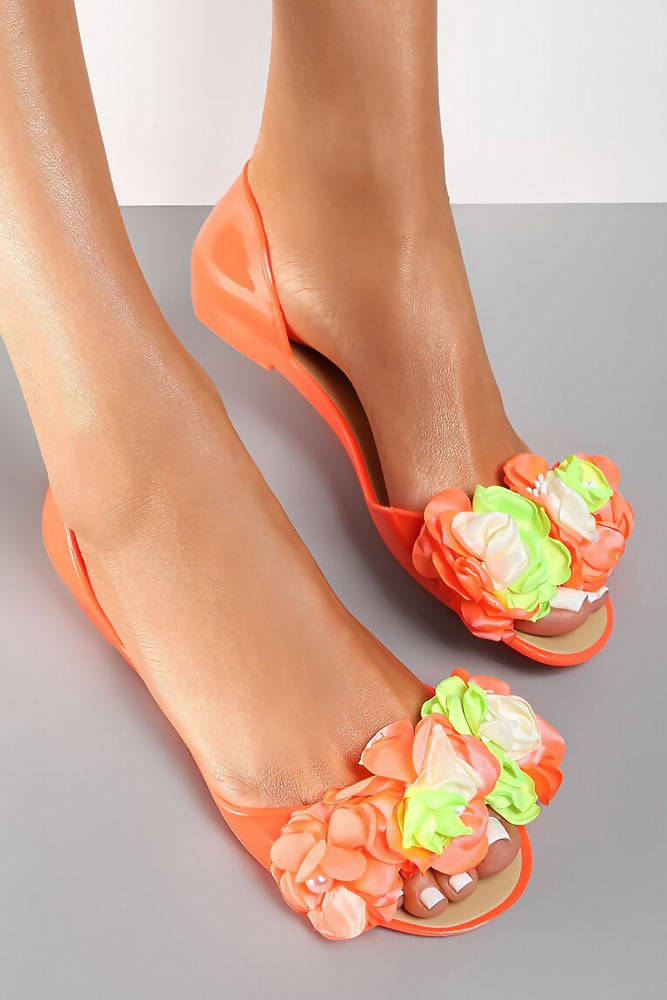 Peep Toe Flower Applique Strap Flat Shoes