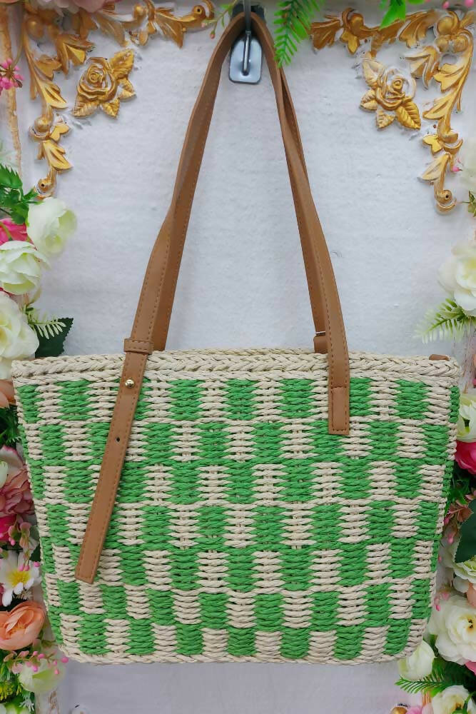 Tartan Jute Crochet Tote Handle Crossbody Bag