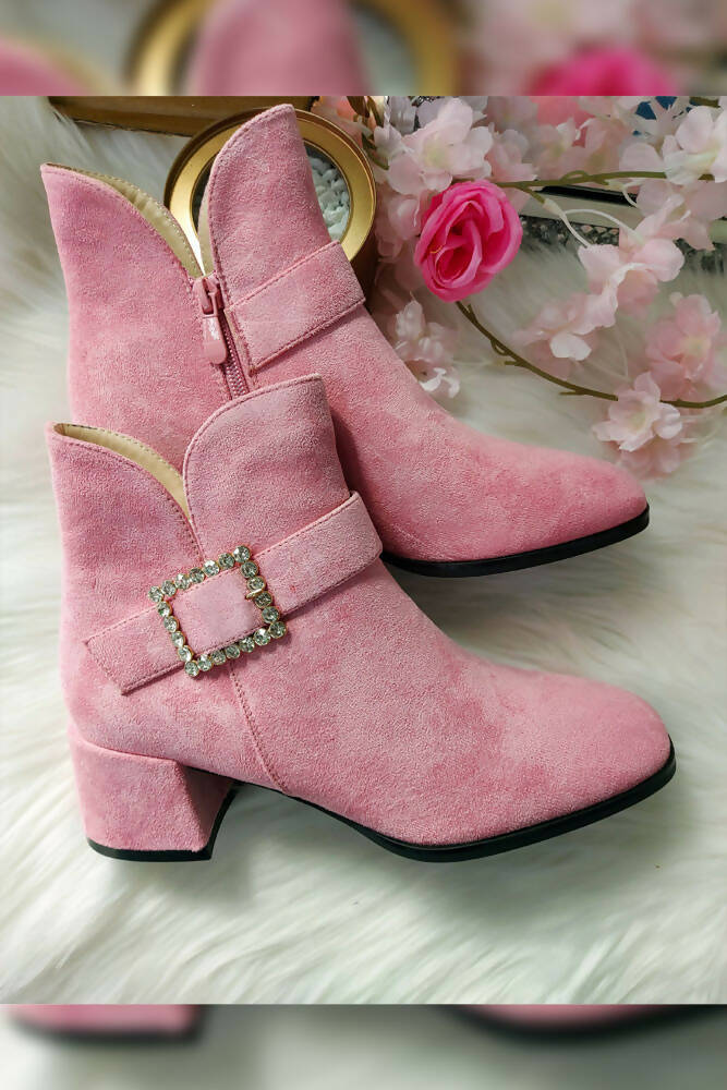 Suede Ankle Buckle Zip Heel Boots