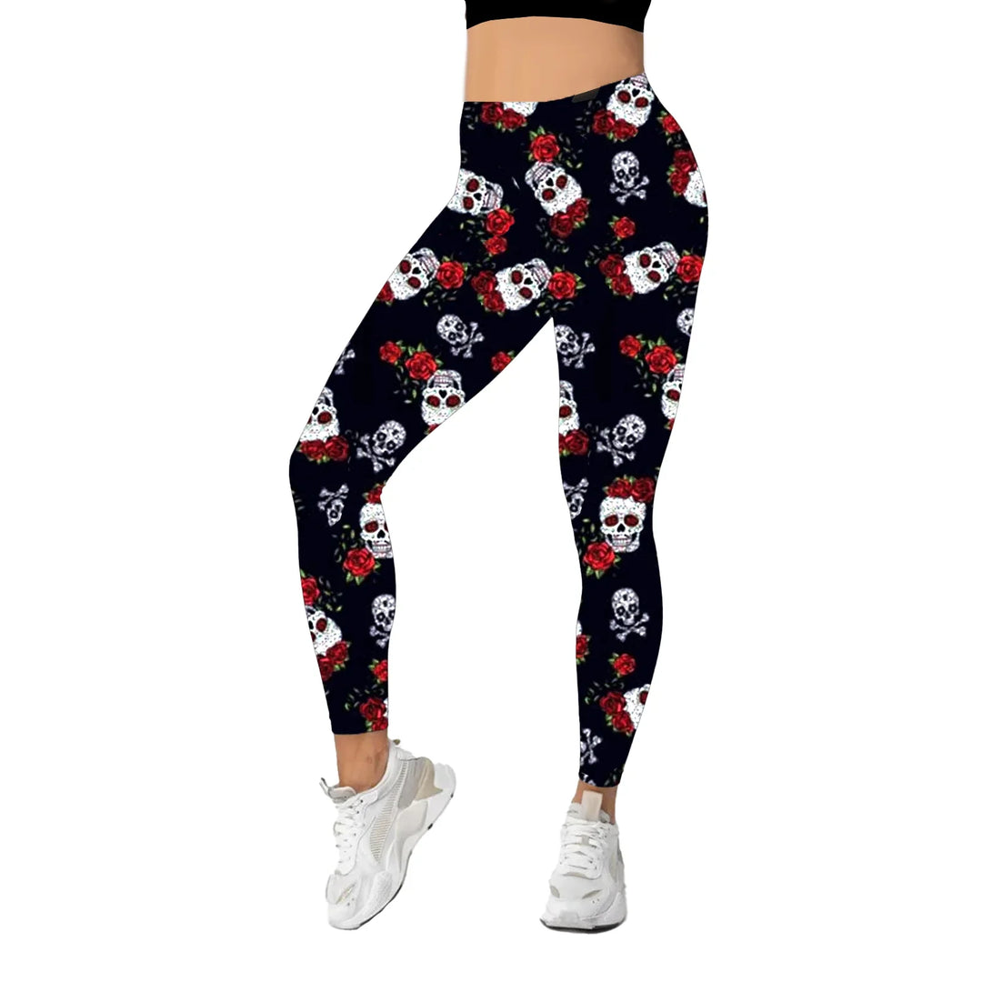 A girl standing show front side of Halloween Rose Skull and bones Print Legging with white background