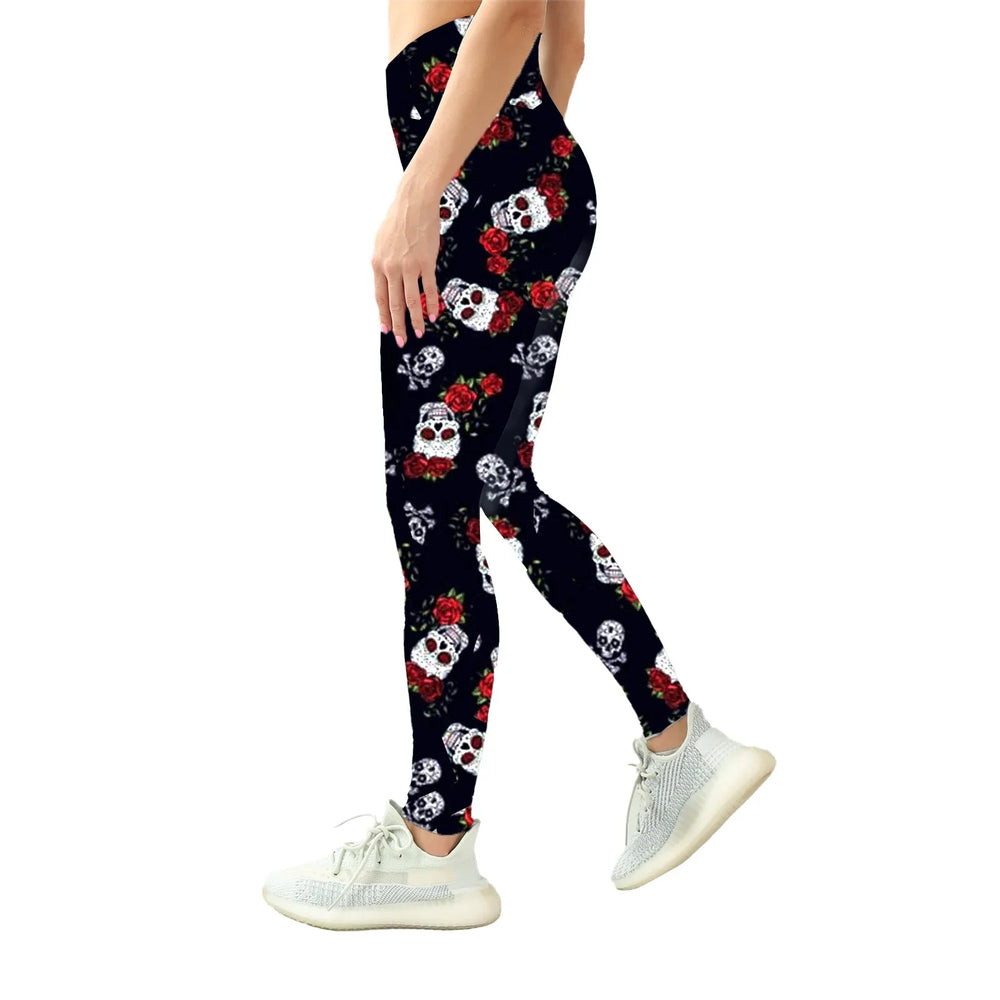 A girl standing show left side of Halloween Rose Skull and bones Print Legging with white background