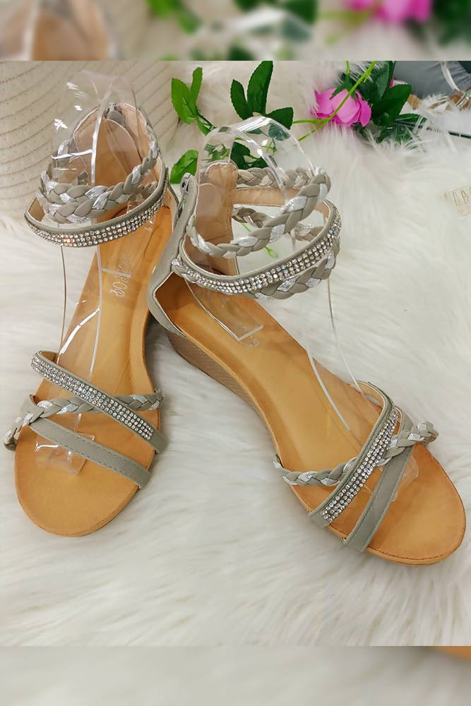 Wedge Heel Ankle Diamante Plait Straps Sandal