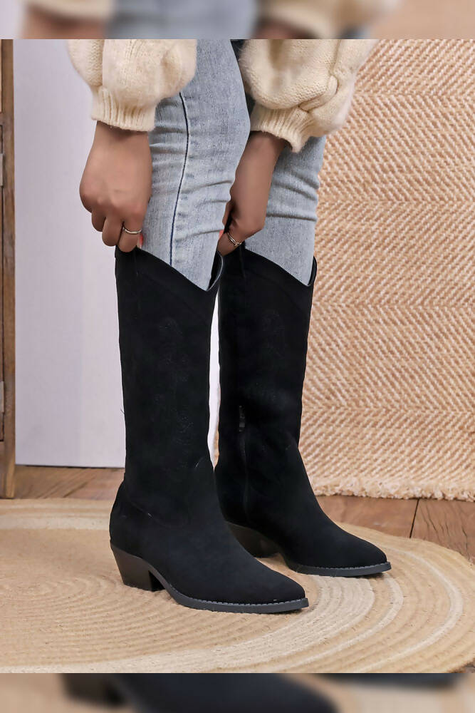 Pointed Toe PU Look Embroidered High Cowboy Boots