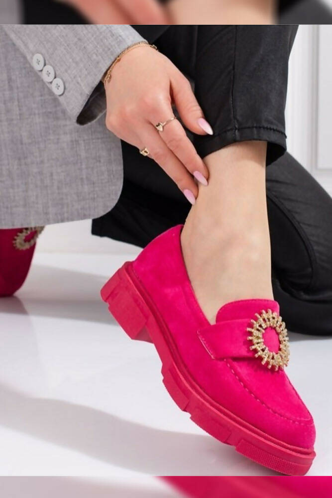 Diamante Round Buckle Suede Chunky Loafers Shoes