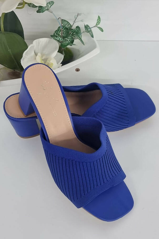 Ribbed Knit Strap Block Heel Mules